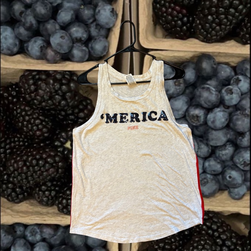 PINK Victoria's Secret Gray Tank Top with Red and Blue Accents